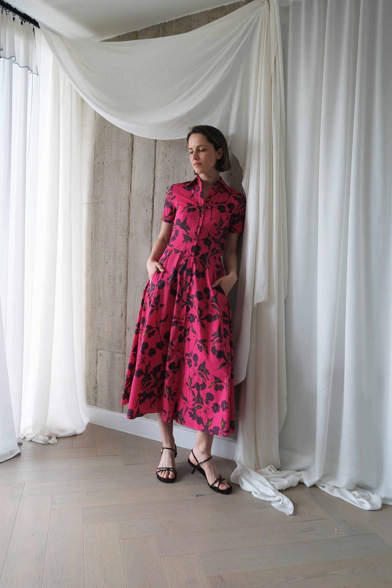The Romanticist Short Sleeve Shirt Dress in Magenta Floral Print