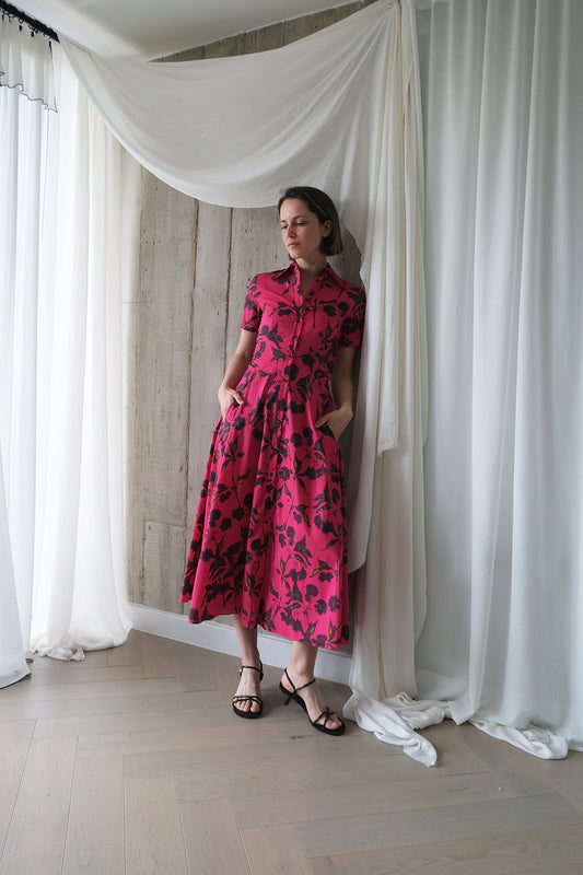 The Romanticist Short Sleeve Shirt Dress in Magenta Floral Print