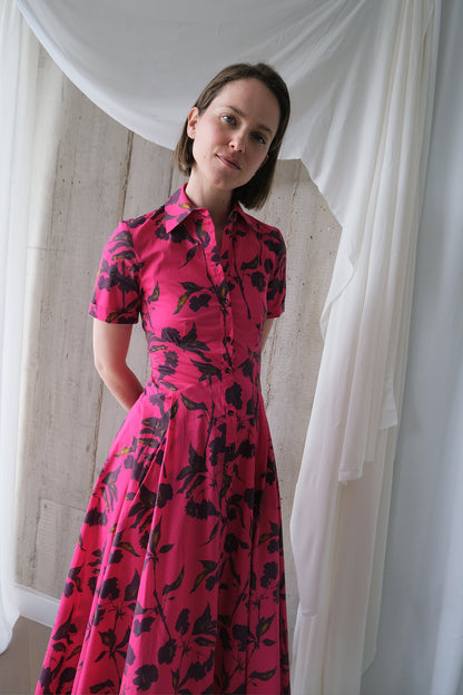 The Romanticist Short Sleeve Shirt Dress in Magenta Floral Print