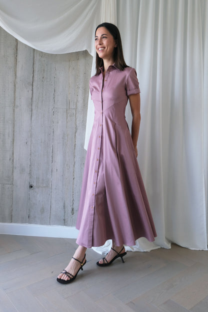 The Romanticist Short Sleeve Shirt Dress in Mauve Pink Cotton Sateen