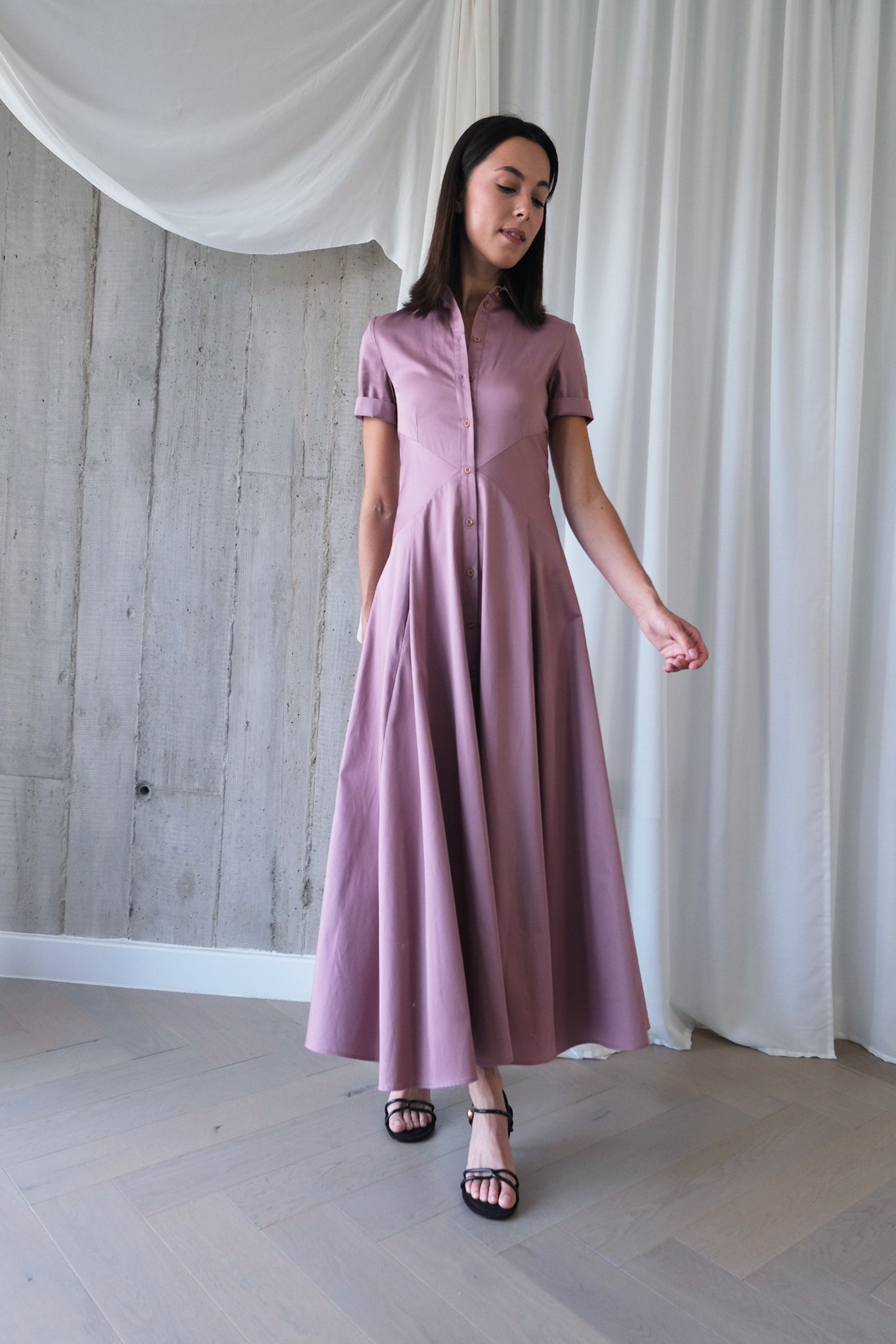 The Romanticist Short Sleeve Shirt Dress in Mauve Pink Cotton Sateen