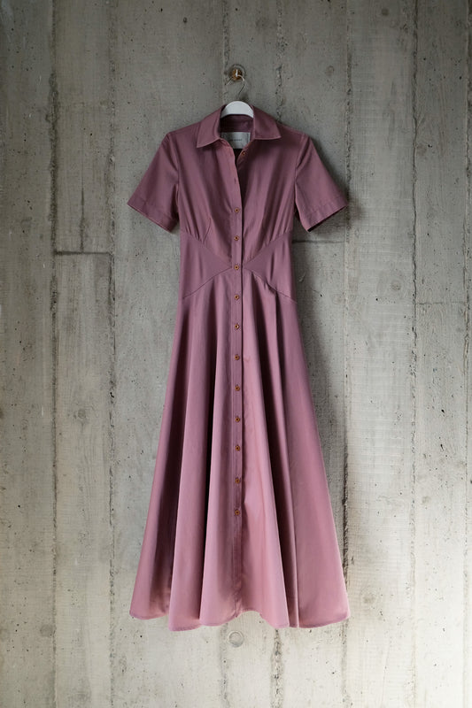 The Romanticist Short Sleeve Shirt Dress in Mauve Pink Cotton Sateen
