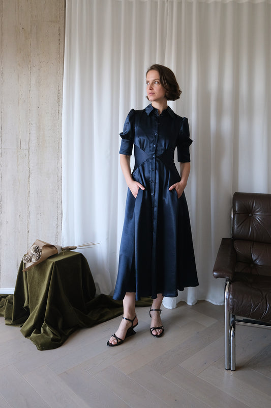 The Monarch Dress in Navy Naia™ Satin