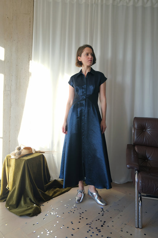 The Curator Dress in Petrol Naia™ Crinkled Satin