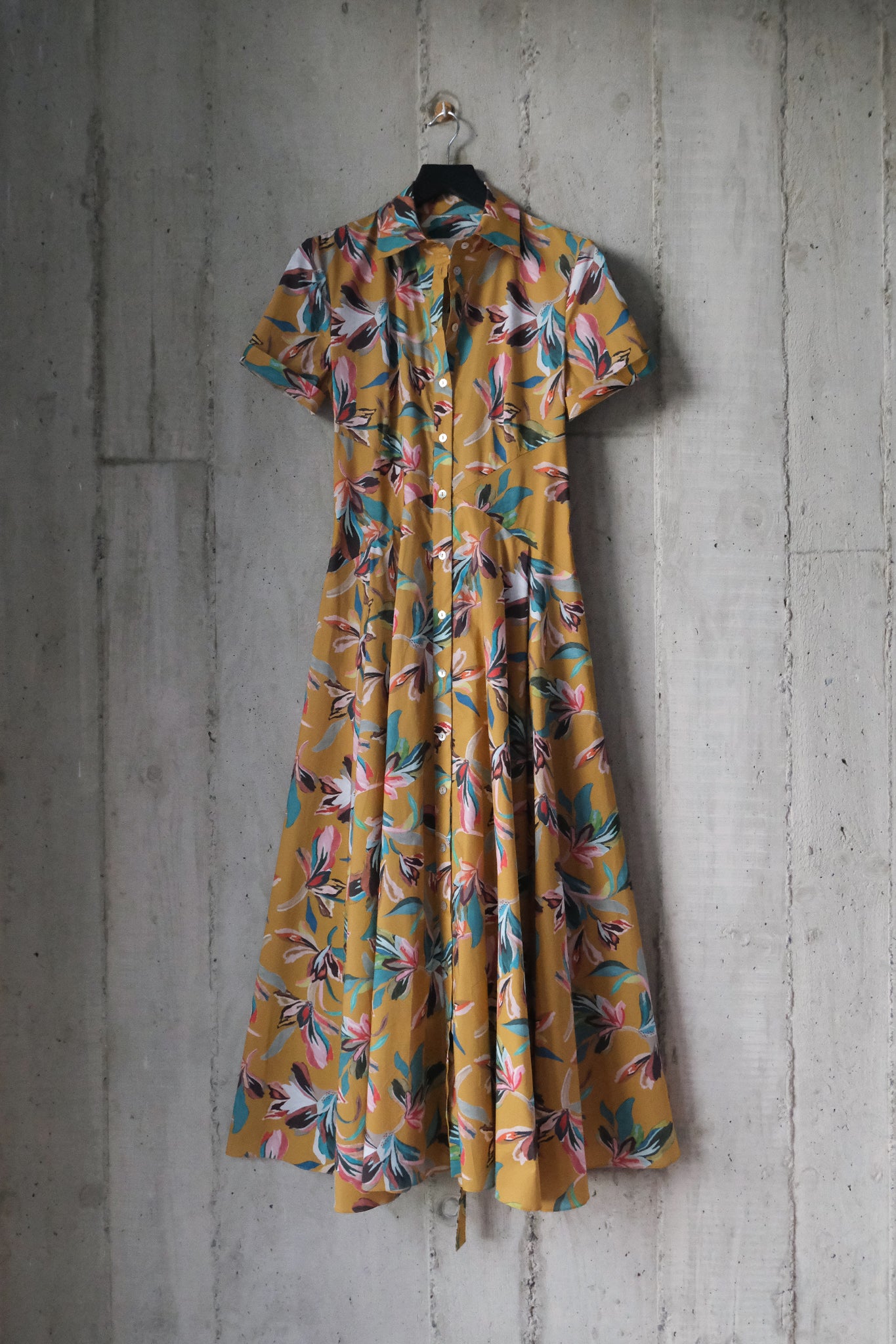 The Romanticist Short Sleeve Shirt Dress in Ochre Floral Print