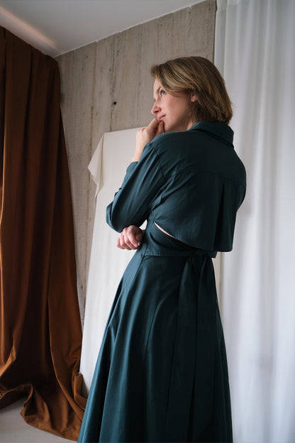 Arc Shirt Dress in Forest Green Cotton Sateen