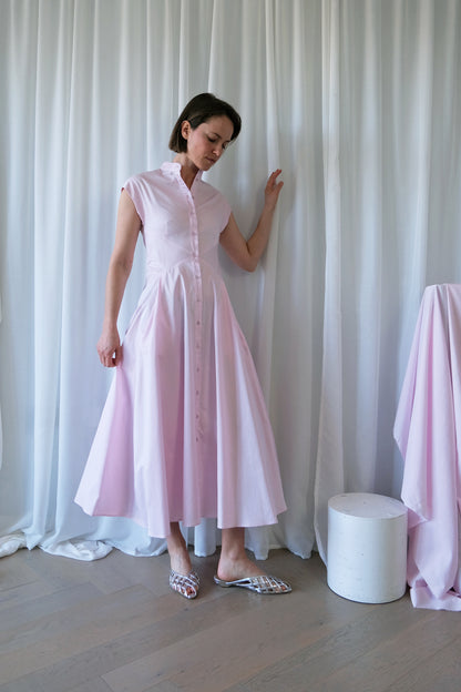 The Romanticist Cap Sleeve Shirt Dress in Pale Pink Cotton Sateen