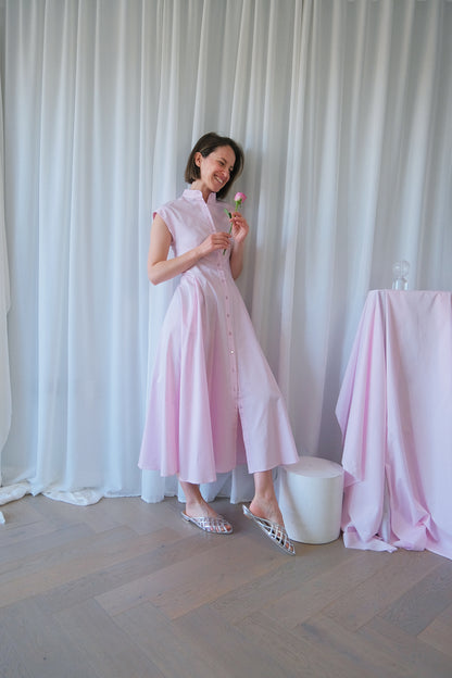 The Romanticist Cap Sleeve Shirt Dress in Pale Pink Cotton Sateen