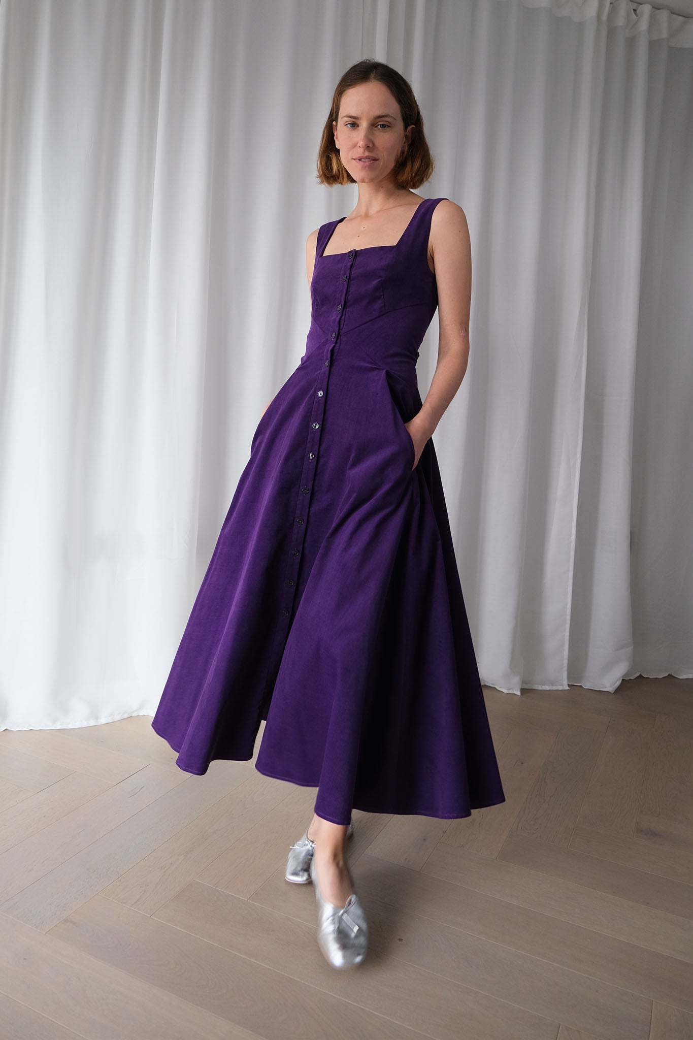 Romanticist Square Neck Dress in Royal Purple Cotton Needlecord – The Array