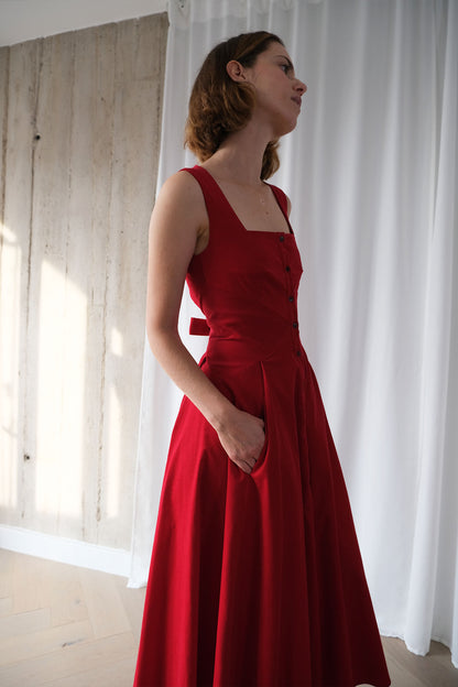 Romanticist Square Neck Dress in Red Cotton Needlecord The Array Romanticist Square Neck Dress in Red Cotton Needlecord The Array