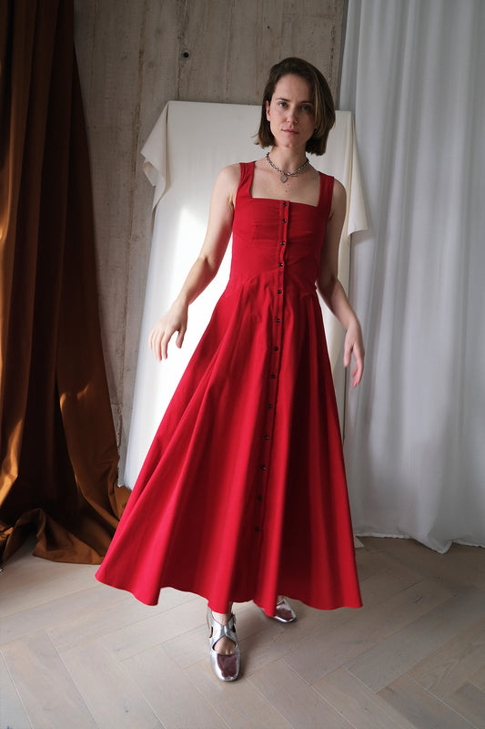 Romanticist Square Neck Dress in Red Cotton Needlecord