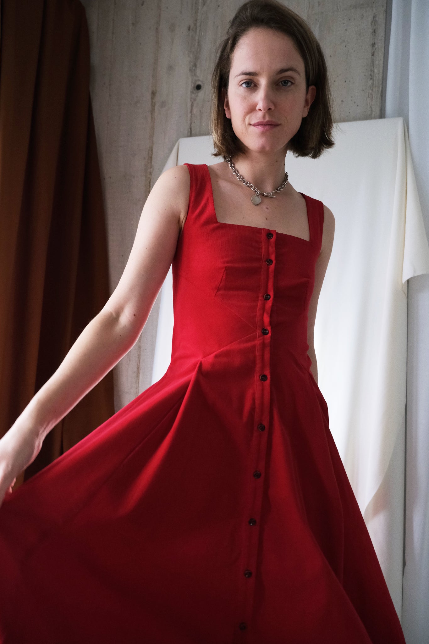 Romanticist Square Neck Dress in Red Cotton Needlecord