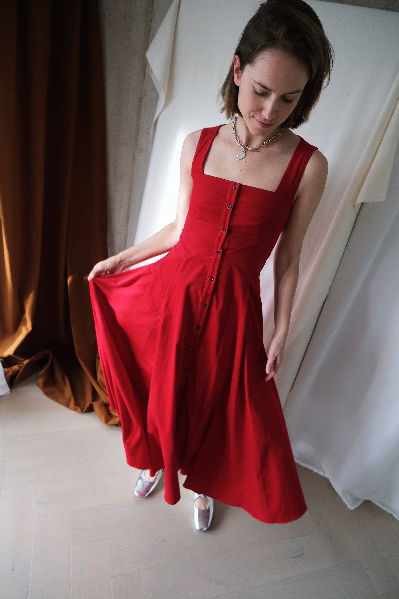 Romanticist Square Neck Dress in Red Cotton Needlecord