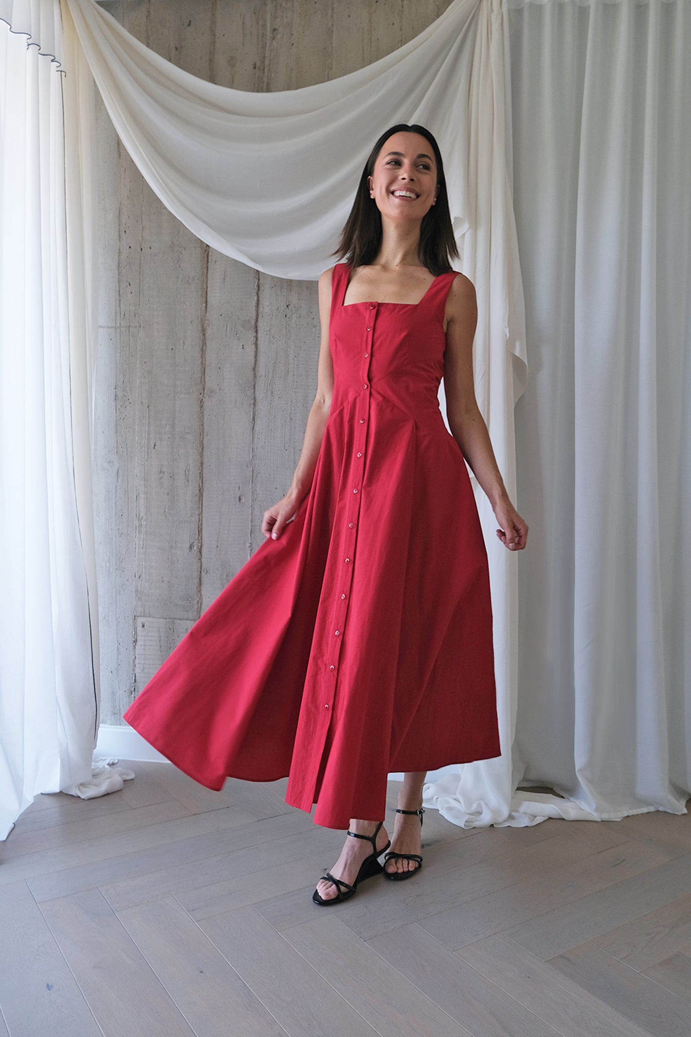 Square Neck Romanticist Dress in Red Cotton Poplin