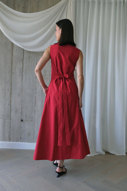 Square Neck Romanticist Dress in Red Cotton Poplin