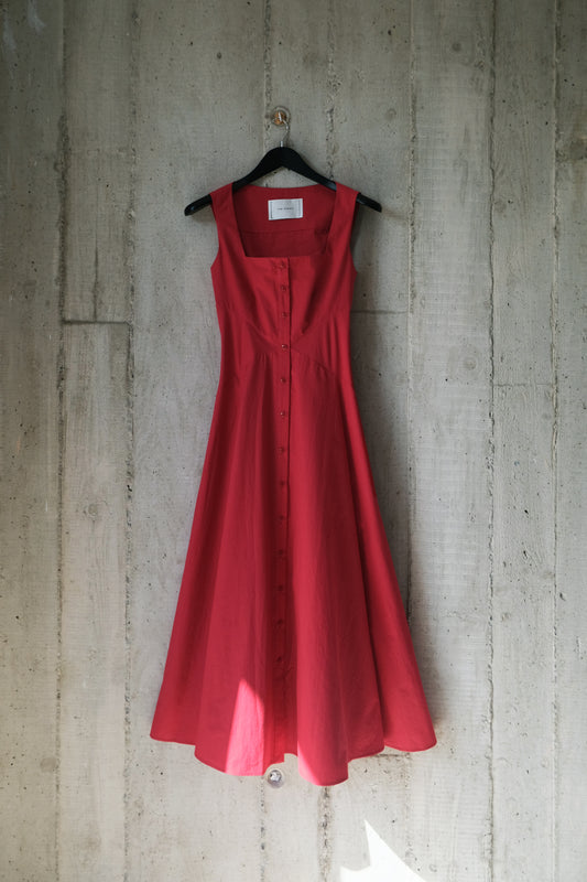 Square Neck Romanticist Dress in Red Cotton Poplin
