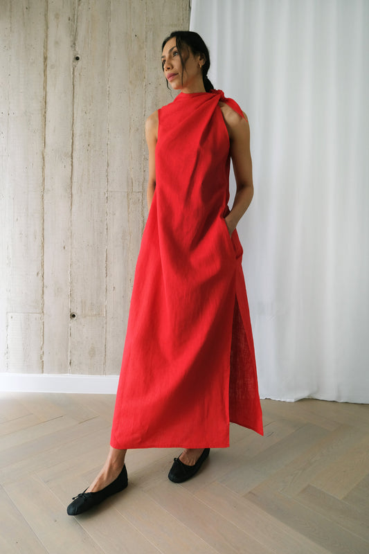 Maxi Scarf Dress in Red Linen