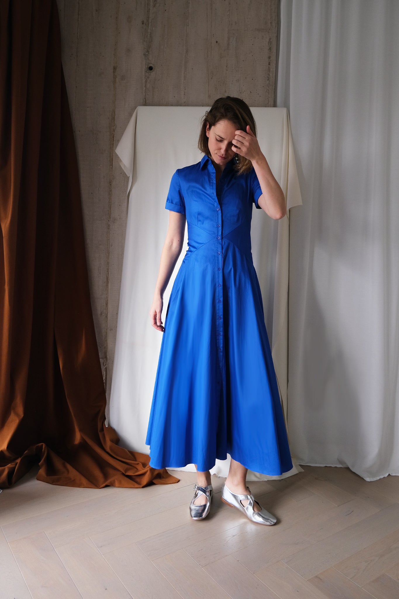 The Romanticist Short Sleeve Shirt Dress in Royal Blue Cotton Sateen