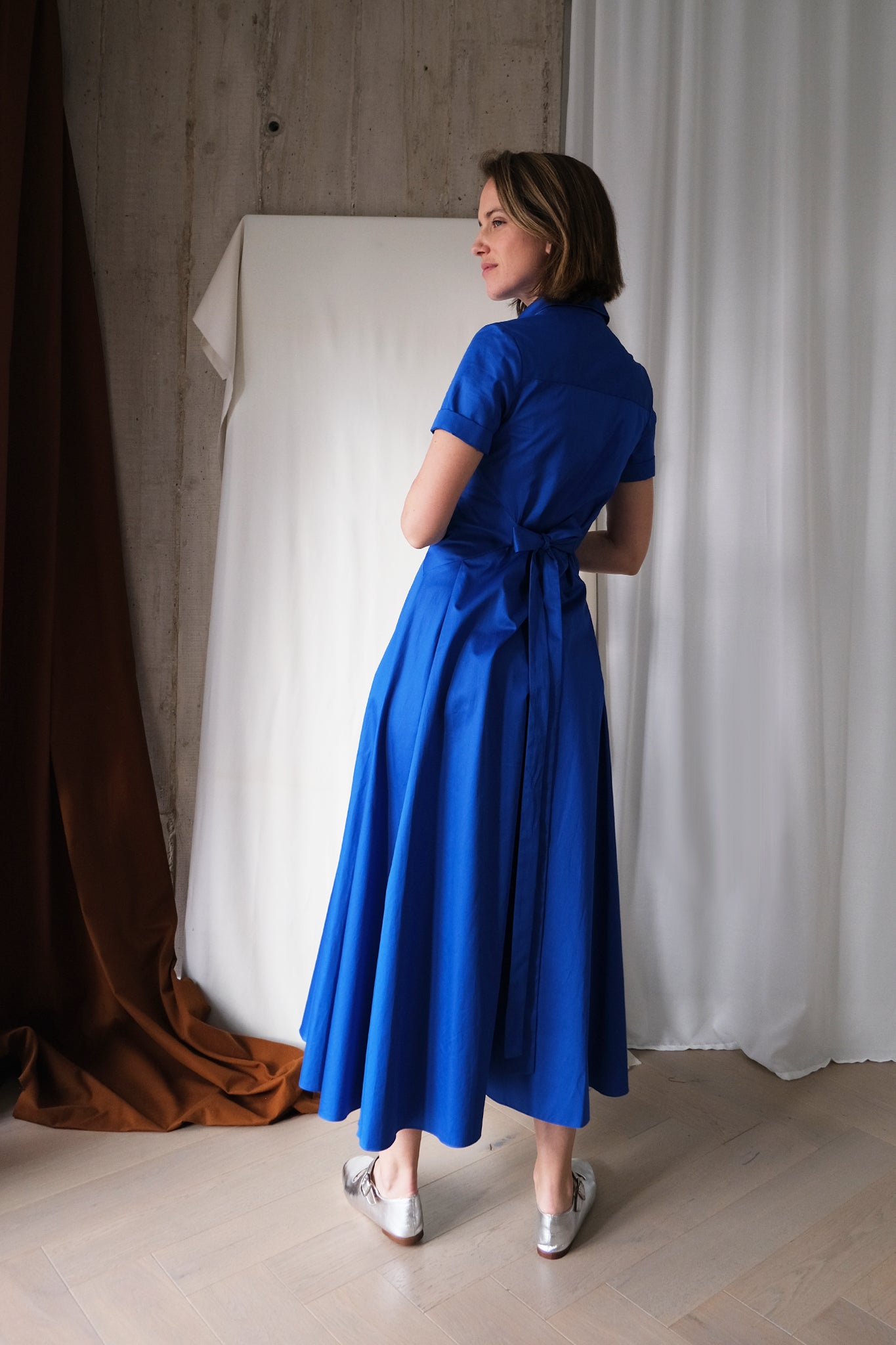 The Romanticist Short Sleeve Shirt Dress in Royal Blue Cotton Sateen