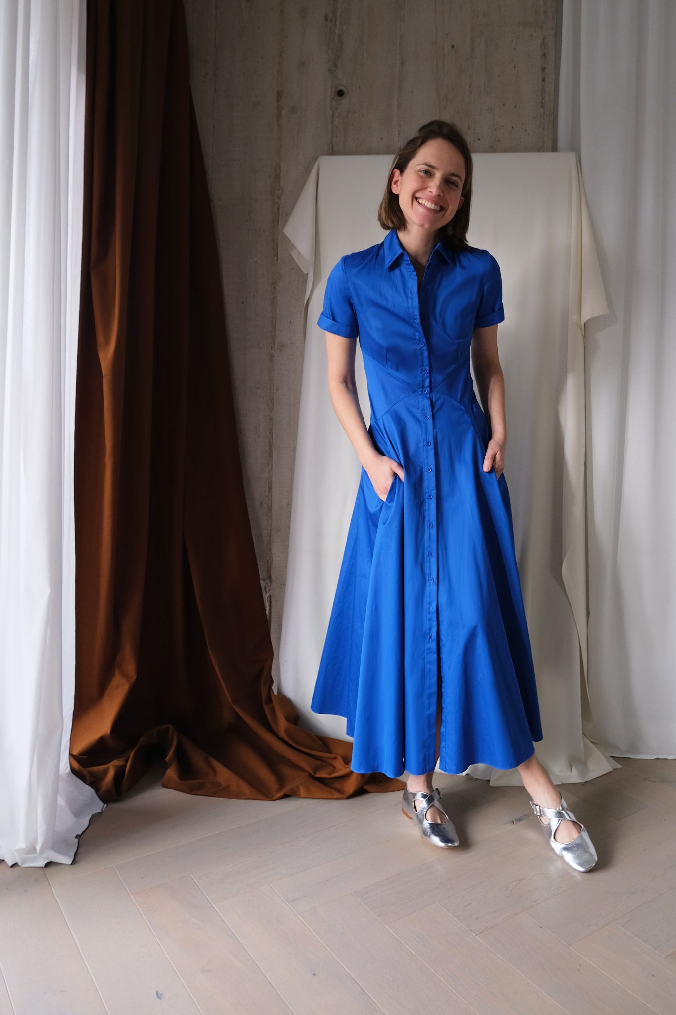 The Romanticist Short Sleeve Shirt Dress in Royal Blue Cotton Sateen