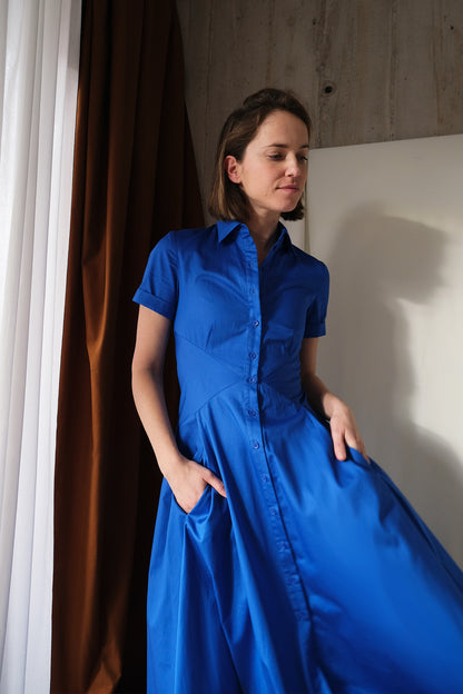 The Romanticist Short Sleeve Shirt Dress in Royal Blue Cotton Sateen