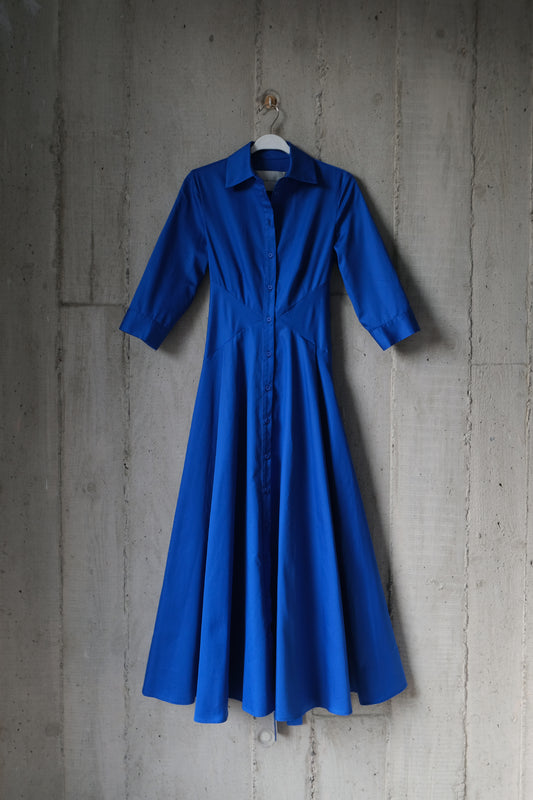 The Romanticist Three-Quarter Sleeve Shirt Dress in Royal Blue Cotton Sateen