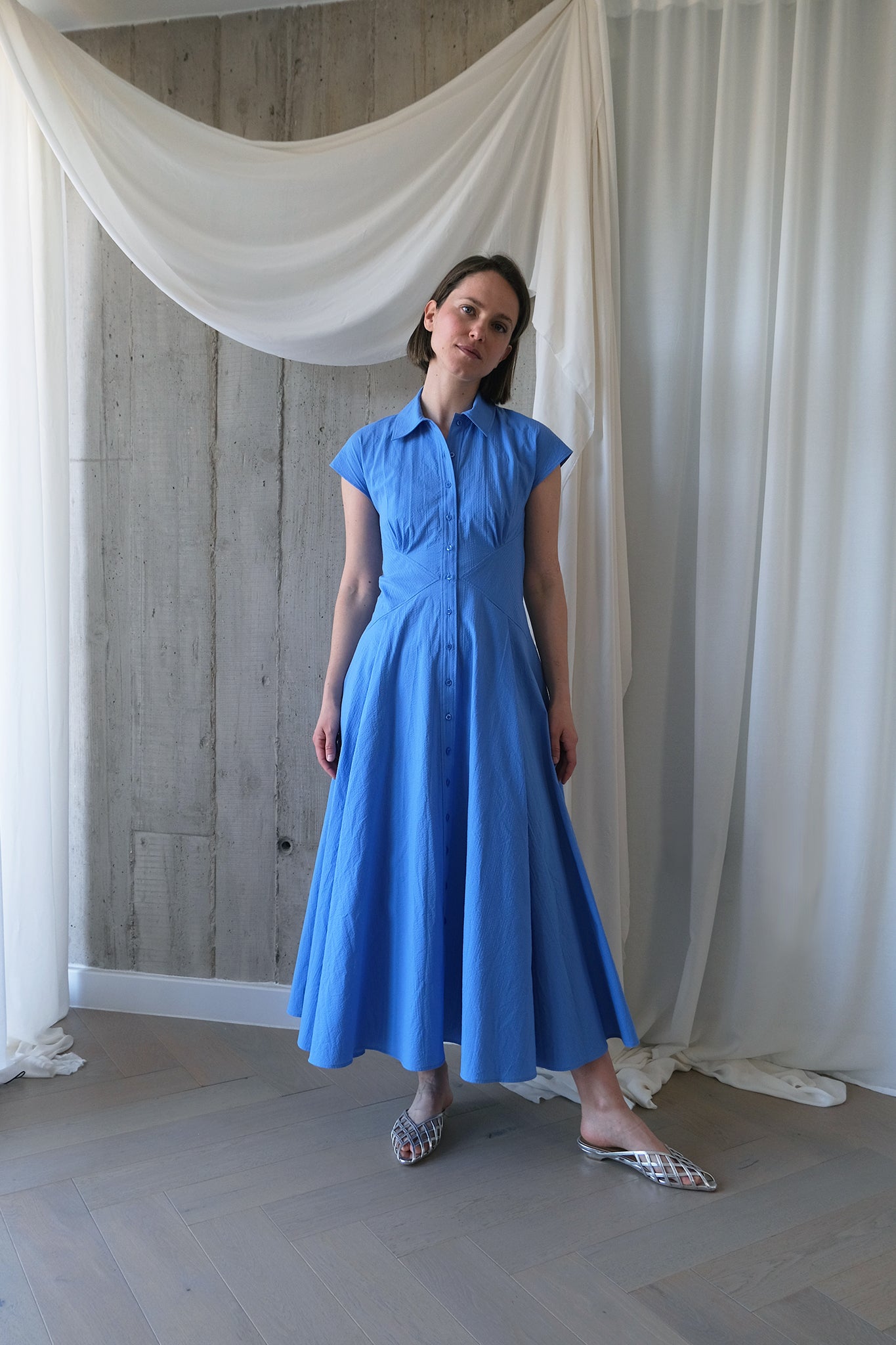 The Curator Dress in Blue Organic Cotton Seersucker