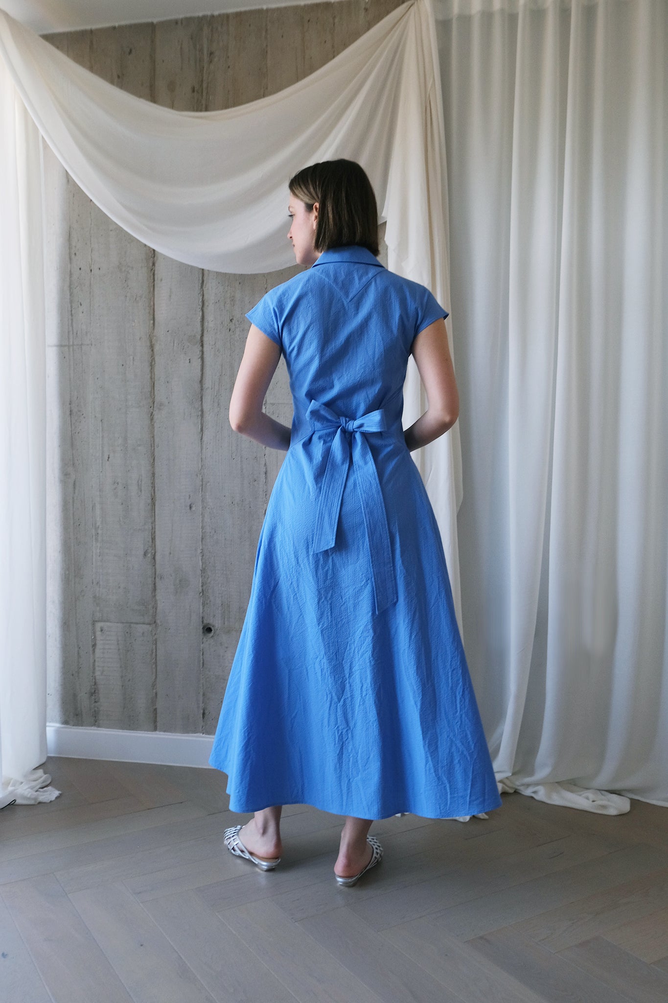 The Curator Dress in Blue Organic Cotton Seersucker