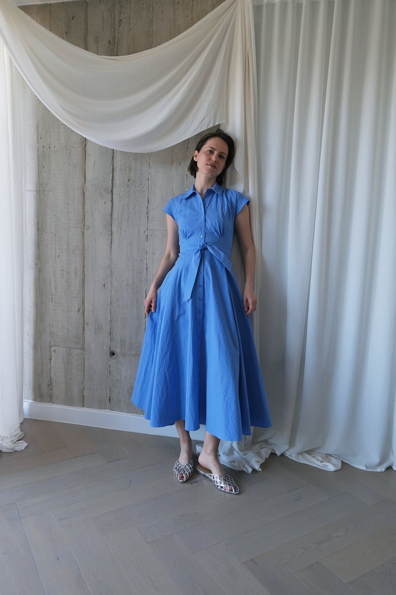 The Curator Dress in Blue Organic Cotton Seersucker