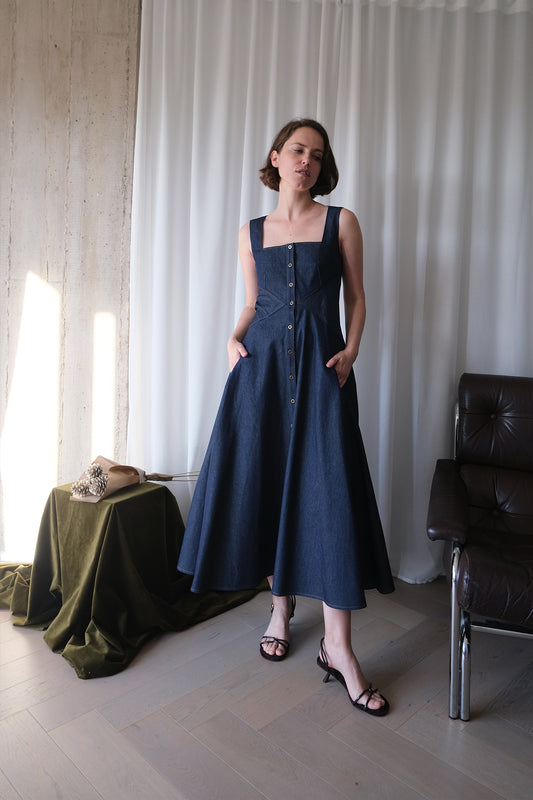 Square Neck 'Romanticist' Dress in Japanese Denim