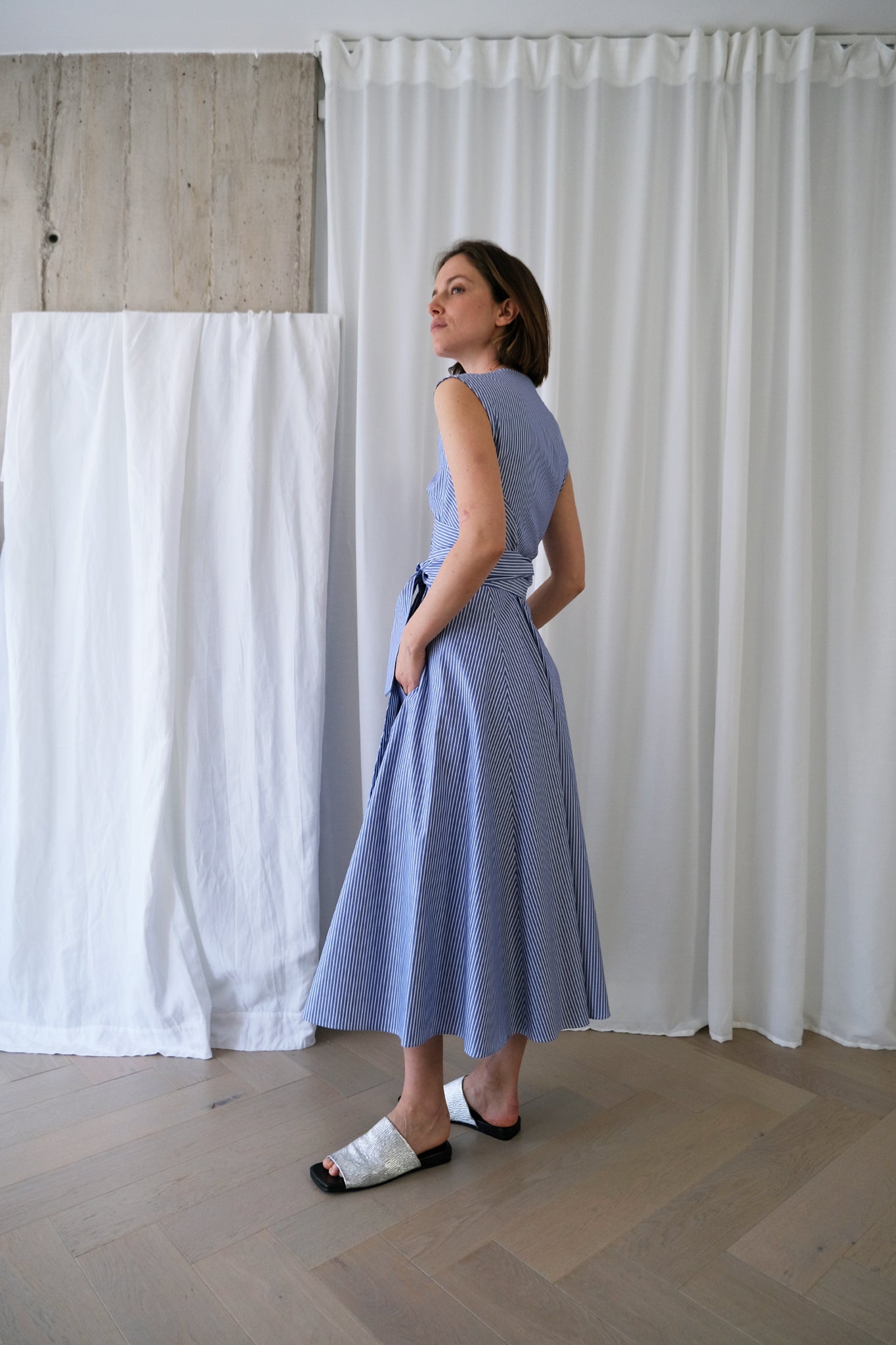 blue striped wrap dress Satin Striped Wrap Dress