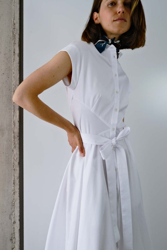 Cap Sleeve Shirt Dress in Herringbone Cotton Shirting