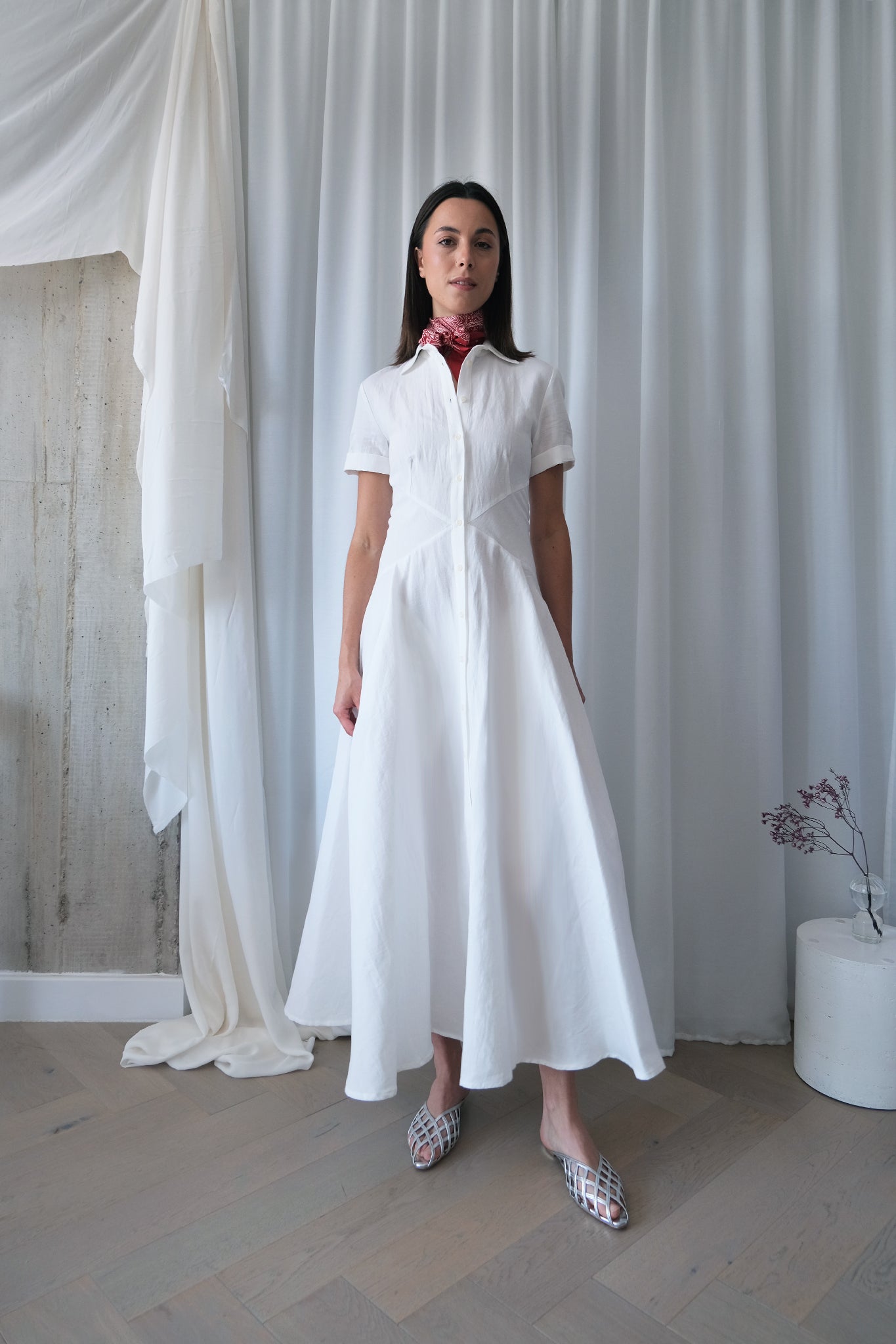 The Romanticist Short Sleeve Shirt Dress in White Sun-Dried Cotton-Linen