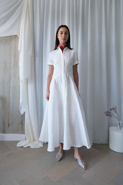 The Romanticist Short Sleeve Shirt Dress in White Sun-Dried Cotton-Linen