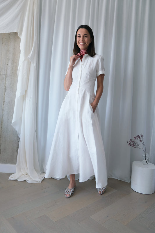 The Romanticist Short Sleeve Shirt Dress in White Sun-Dried Cotton-Linen