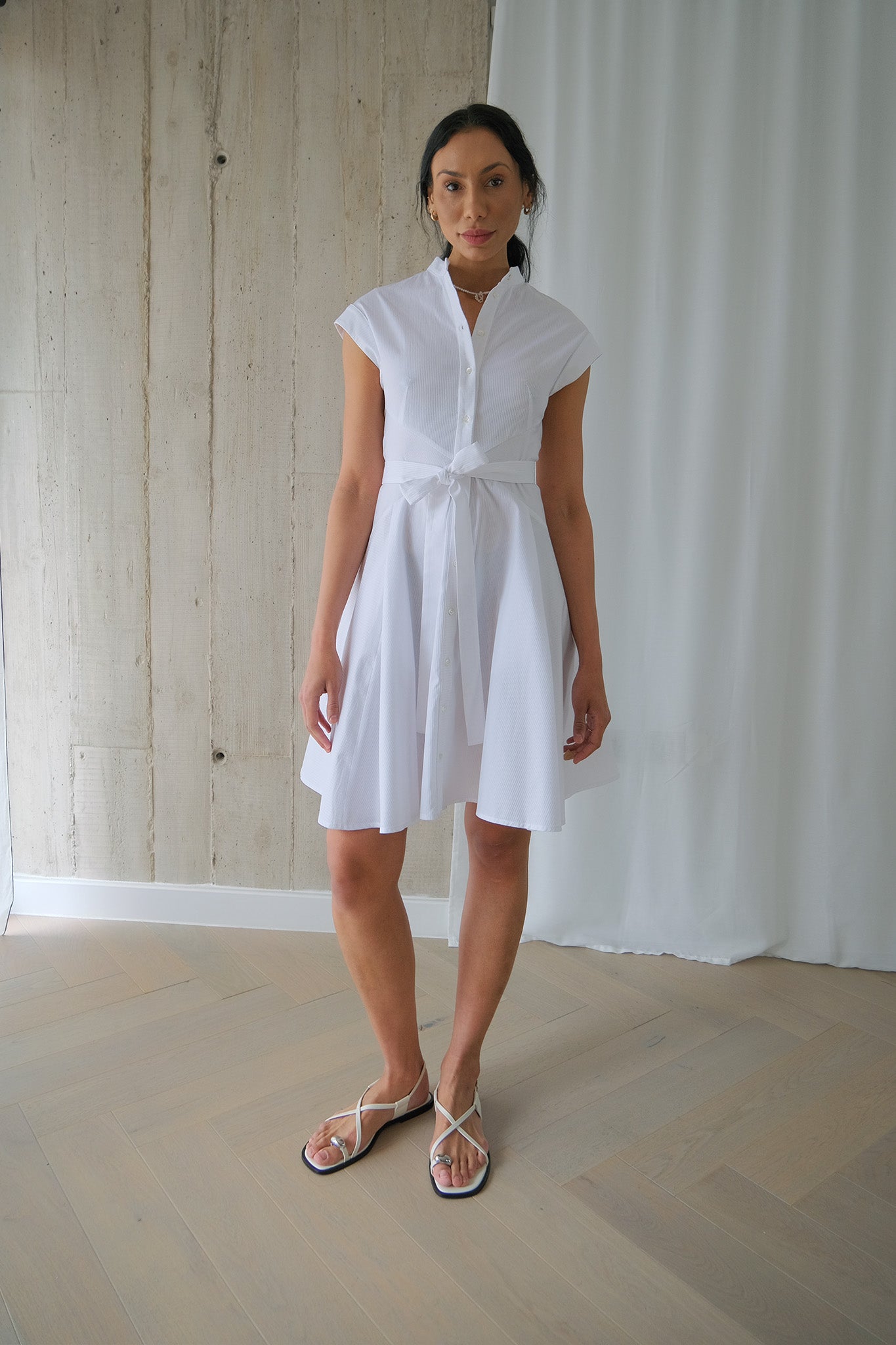 The Romanticist Short Shirt Dress in White Cotton Jacquard Shirting