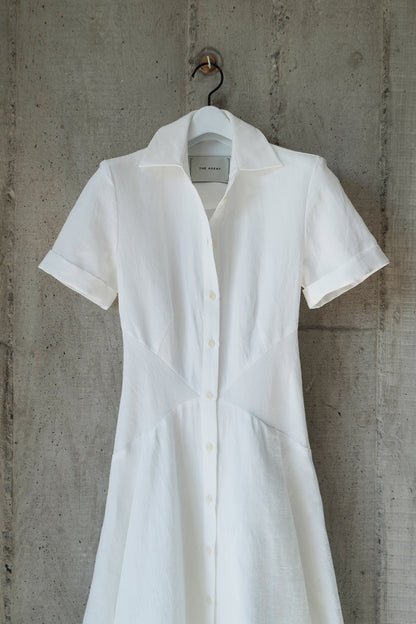 The Romanticist Short Sleeve Shirt Dress in White Sun-Dried Cotton-Linen