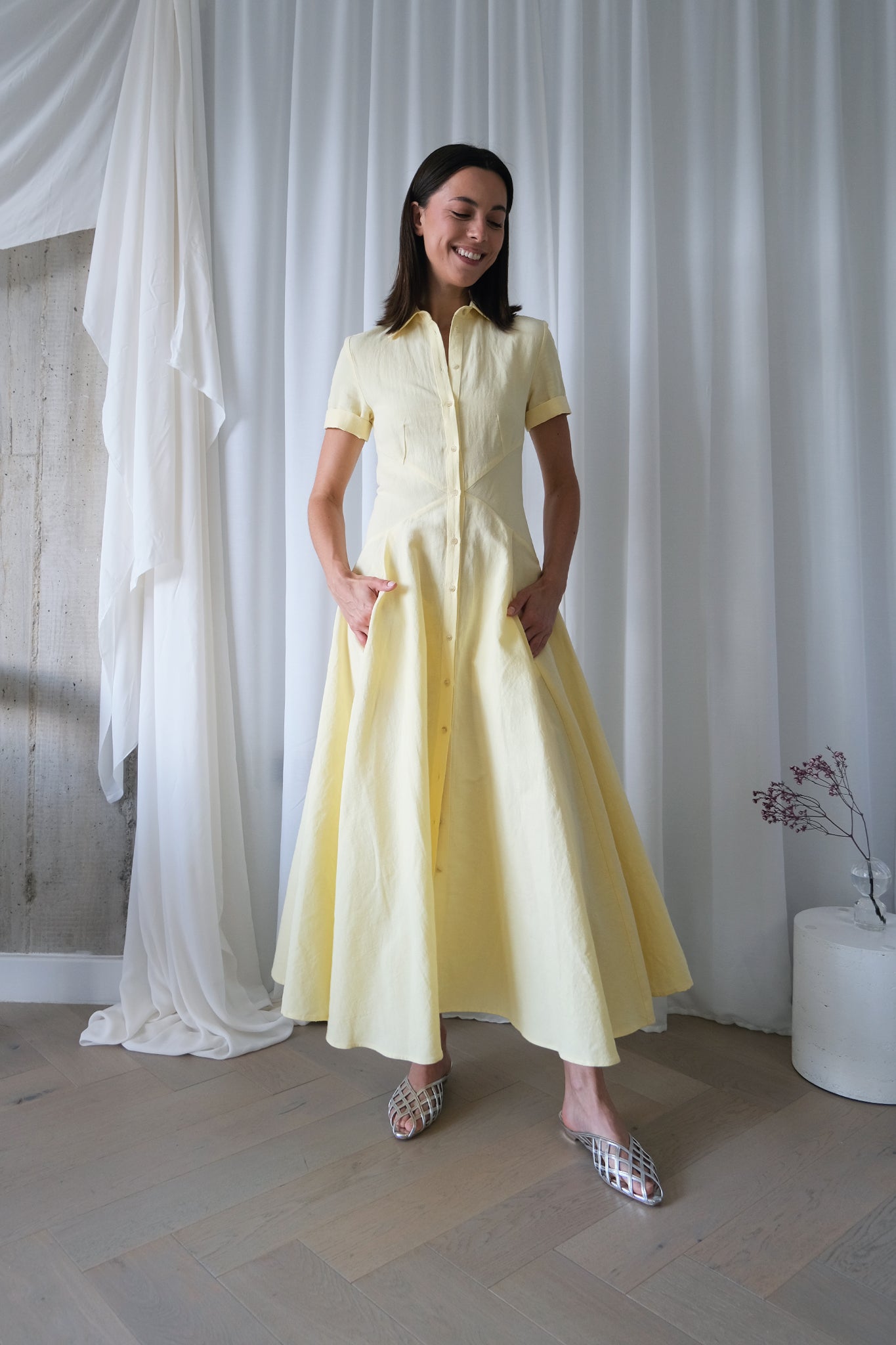 The Romanticist Short Sleeve Shirt Dress in Yellow Sun-Dried Cotton-Linen