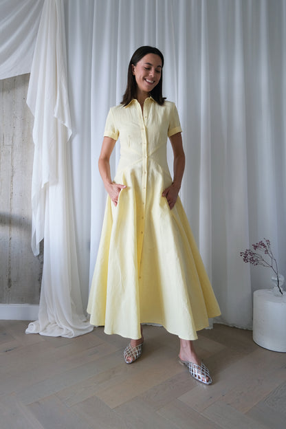 The Romanticist Short Sleeve Shirt Dress in Yellow Sun-Dried Cotton-Linen