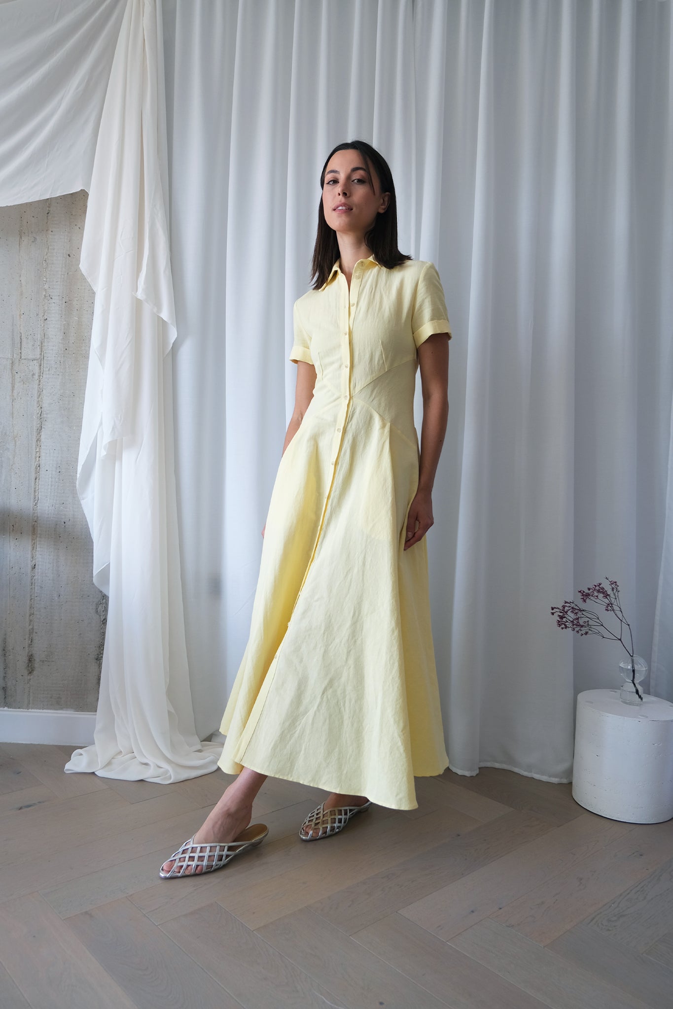 The Romanticist Short Sleeve Shirt Dress in Yellow Sun-Dried Cotton-Linen