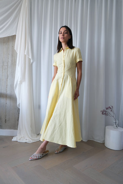 The Romanticist Short Sleeve Shirt Dress in Yellow Sun-Dried Cotton-Linen