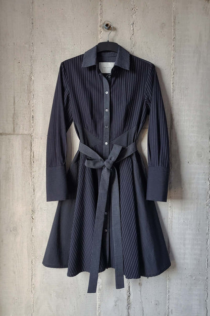 [ 4 ] Shirt Dress in Black Multi-Stripe Cotton Shirting