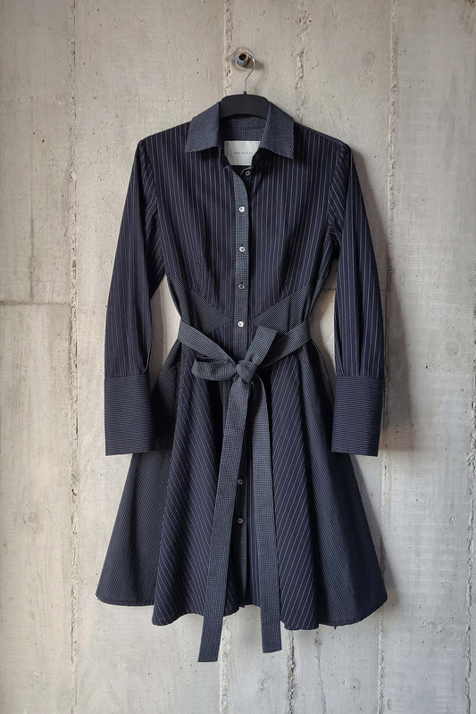 [ 4 ] Shirt Dress in Black Multi-Stripe Cotton Shirting