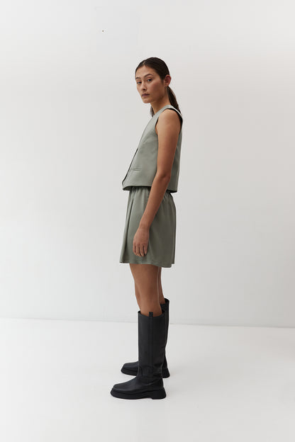 The Array womenswear fashion label london fashion brand workwear womens fashion  Elastic Waistband Pleated Shorts in Sage Tencel