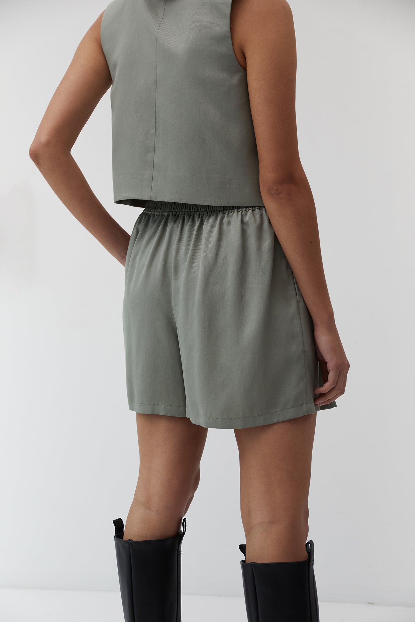 The Array womenswear fashion label london fashion brand workwear womens fashion Elastic Waistband Pleated Shorts in Sage Tencel