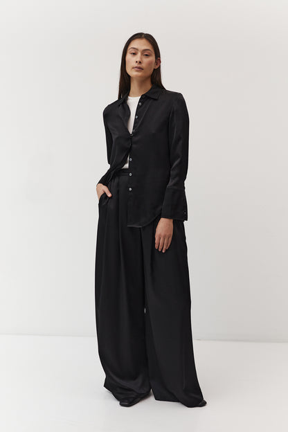 The Array womenswear fashion label london fashion brand workwear womens fashion hammered silk double cuff womens shirt in black silk