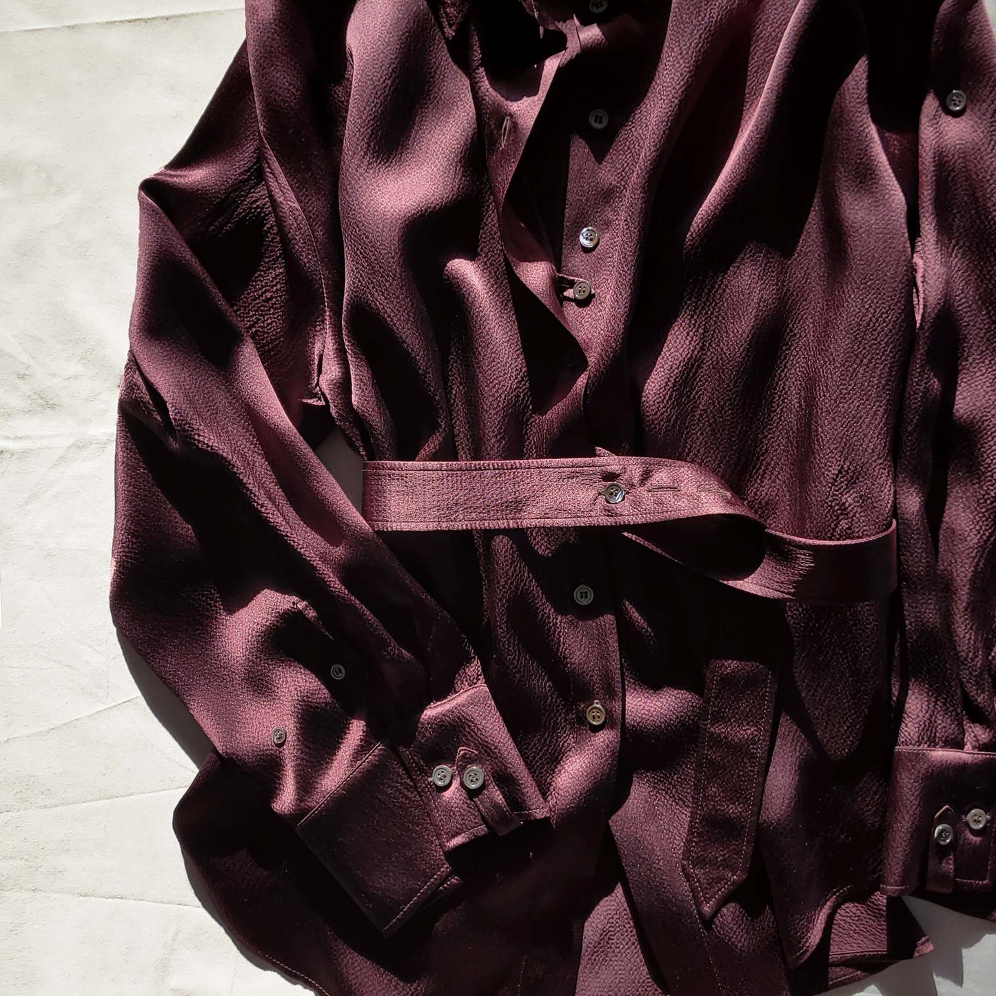 [ 2 ] Belted Oversized Shirt in Aubergine Hammered Silk