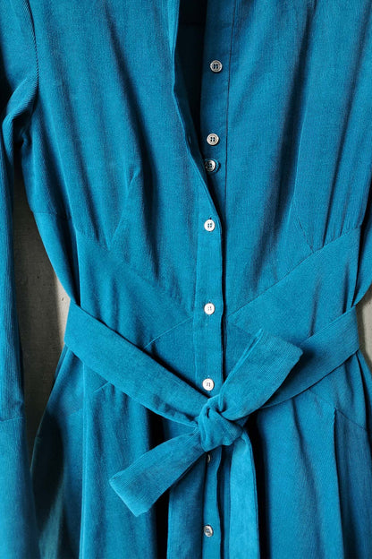 Teal midi shirt dress in cotton needlecord