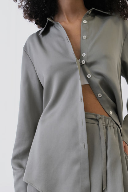 The Array womenswear fashion label london fashion brand workwear womens fashion hammered silk double cuff womens shirt in sage tencel