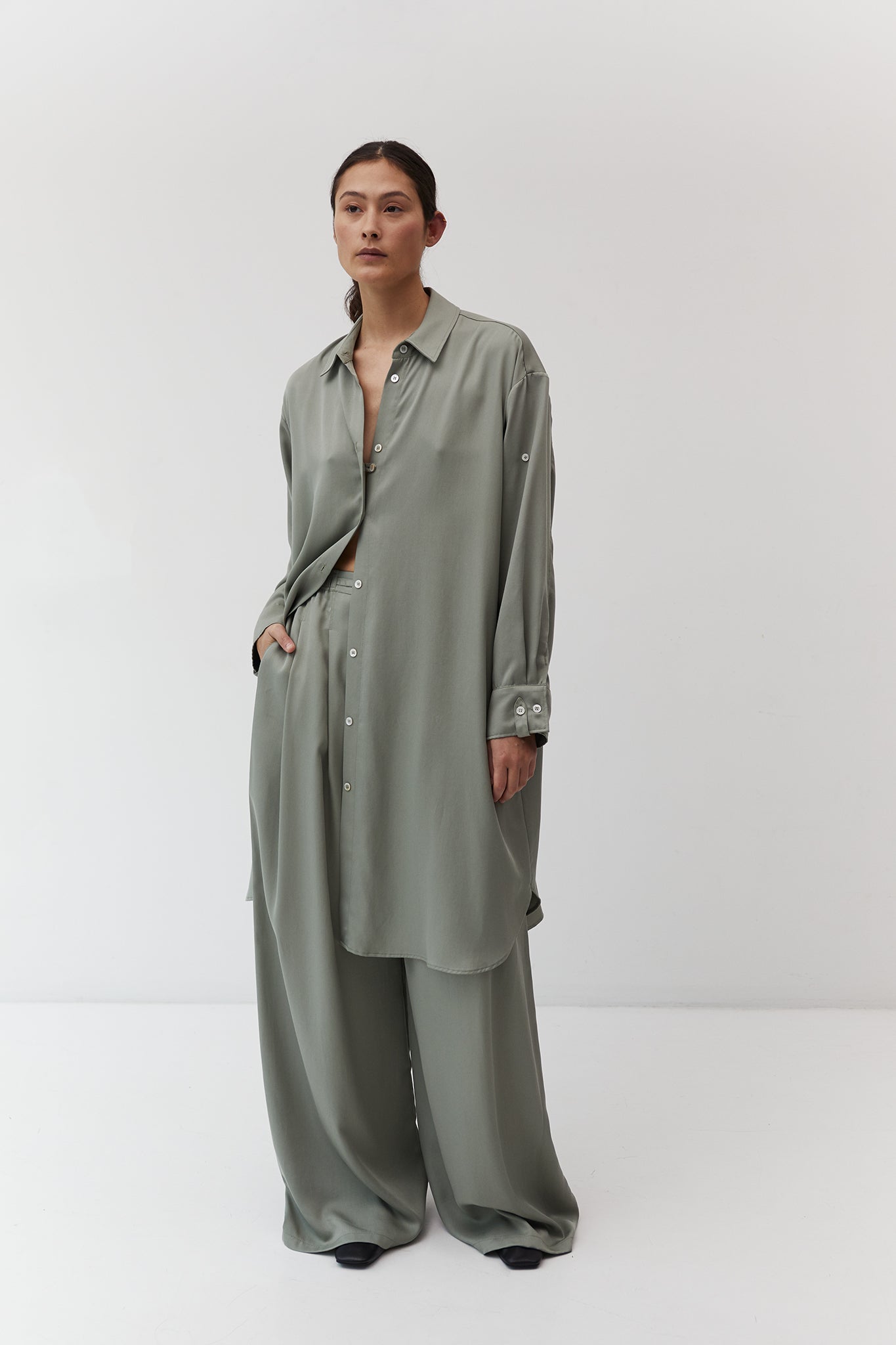The Array womenswear fashion label london fashion brand workwear womens fashion Womens Belted Shirt Dress in Sage Tencel